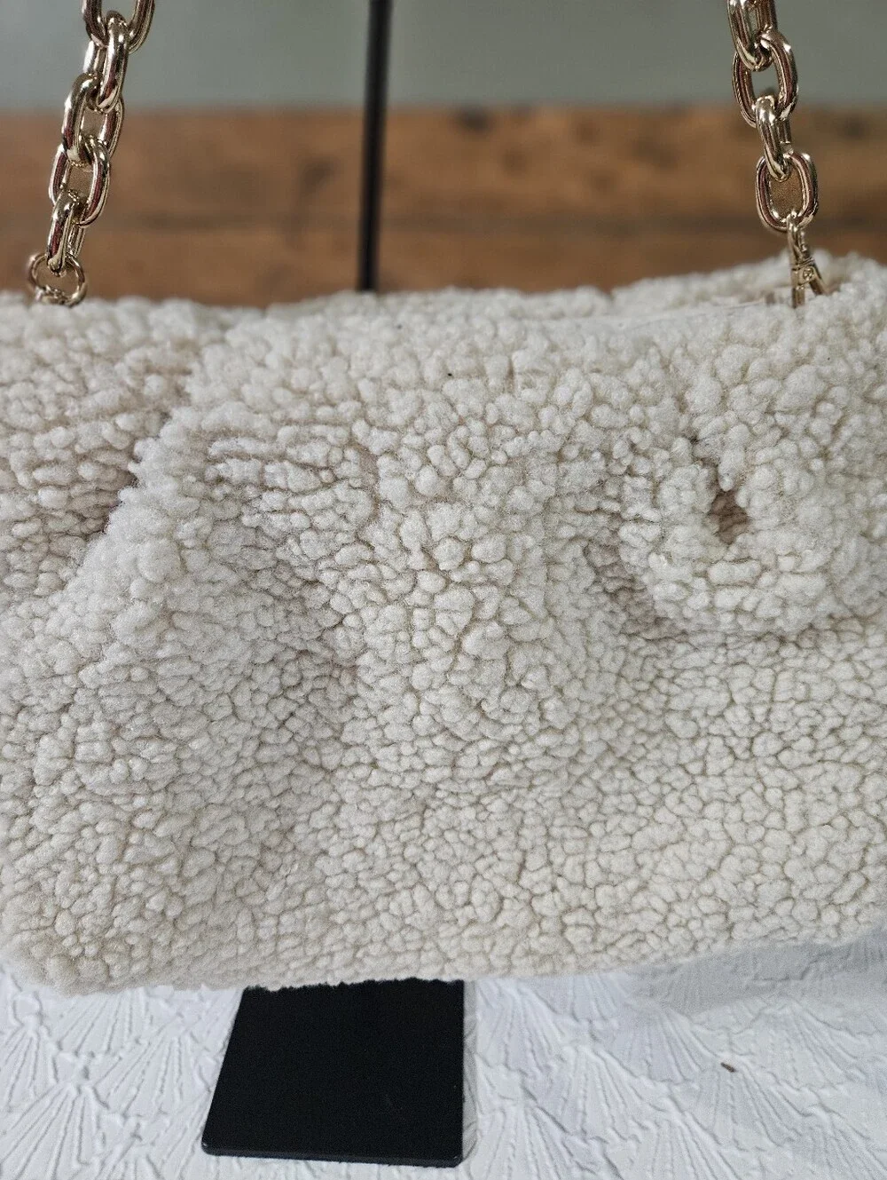 H & M Cozy Cream Sherpa Chain-Handle Shoulder Bag